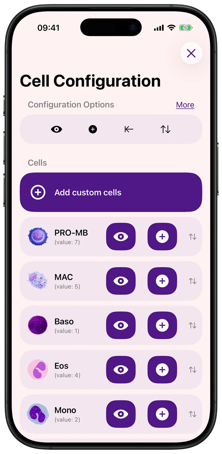 Cell Configuration screen listing PRO-MB, MAC, Baso, Eos and Mono with show and add buttons, and an Add custom cells button