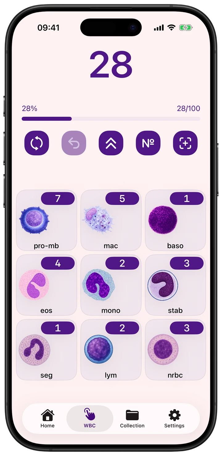 CliniCheck WBC counter showing a count of 28 out of 100, with a grid of cell types: pro-mb, mac, baso, eos, mono, stab, seg, lym and nrbc