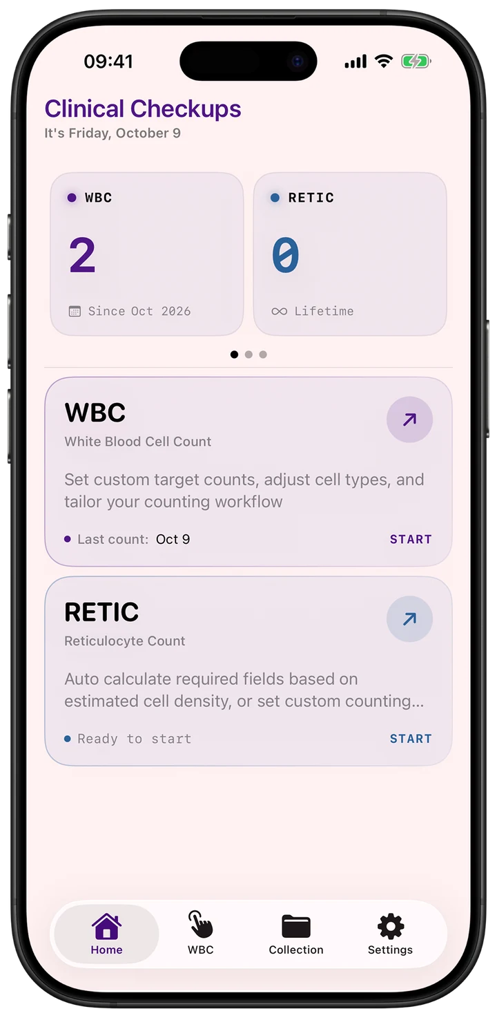 CliniCheck home screen with WBC and reticulocyte count cards and a summary of recent counts